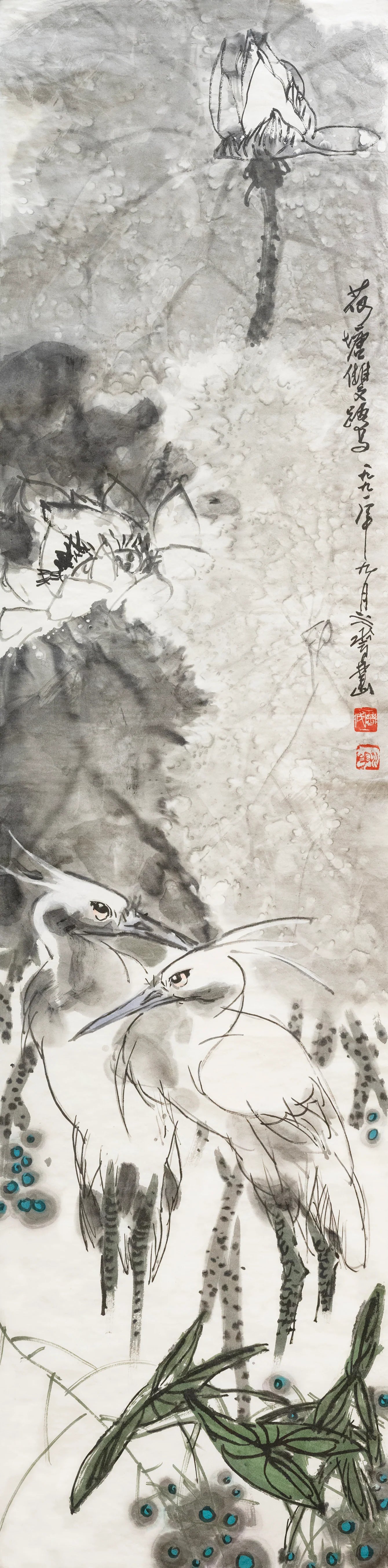 荷塘双鹭 Two Herons On Lotus Pond