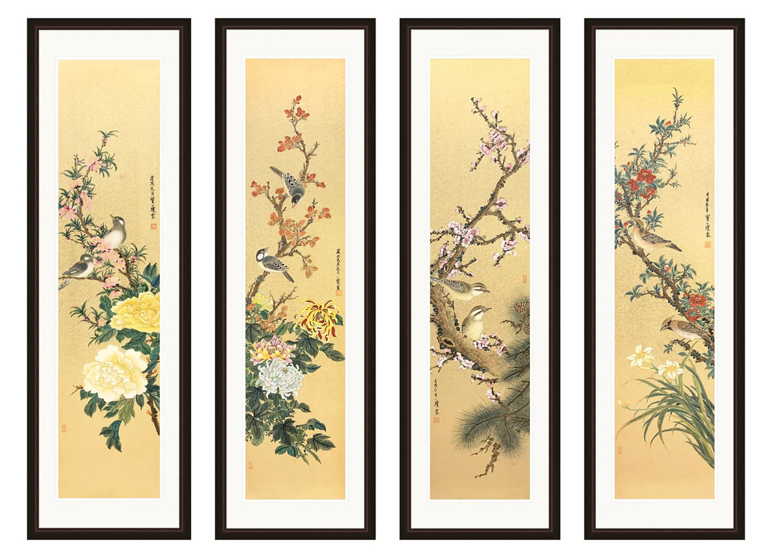 工笔四屏(牡丹,菊花,桃花,山茶花) Chinese Painting Series (Peony, Chrysanthemum, Peach Blossom,Camellia)