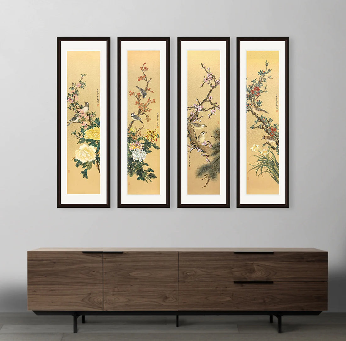 工笔四屏(牡丹,菊花,桃花,山茶花) Chinese Painting Series (Peony, Chrysanthemum, Peach Blossom,Camellia)